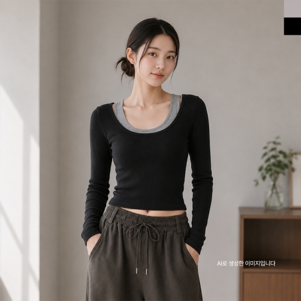 여성 레이온 스판 레이어드 유넥 크롭 긴팔 티셔츠 나시 일체형 쫀득핏 GAA 3004W