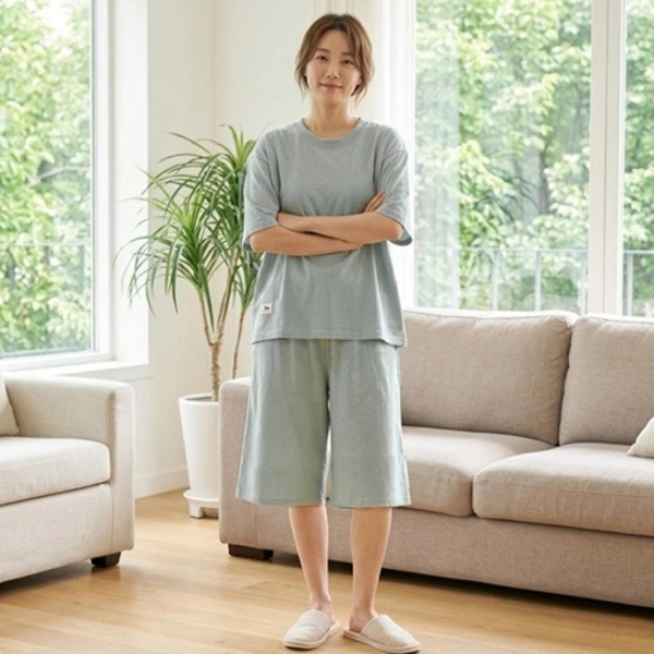 여자 모던 베이직 루즈핏 반팔 홈웨어 파자마 세트