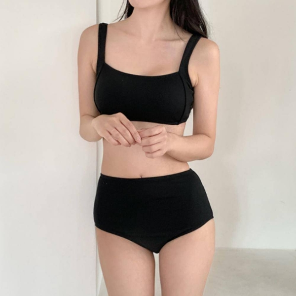 골지 스퀘어넥 하이웨스트 비키니 여성 모노키니 수영복