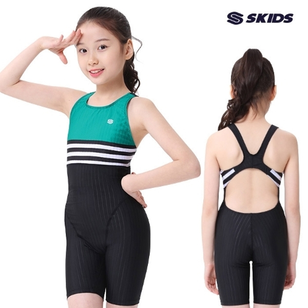 스키즈 여아 X자형 반전신 실내수영복 민트블랙 키즈 주니어 SE5GS618OBK