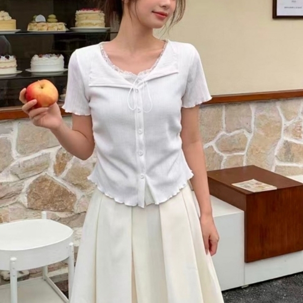 동대문직영여리핏 골지 리본 반팔 가디건 티셔츠 여성 데일리 슬림핏