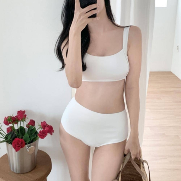 골지 스퀘어넥 하이웨스트 비키니 여성 수영복 모노키니 비치웨어