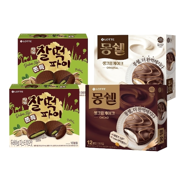 롯데웰푸드㈜ 두쫀쿠 찰떡파이 피스타치오맛 x2+몽쉘 오리지널 12입 x1+몽쉘 카카오 12입 x1