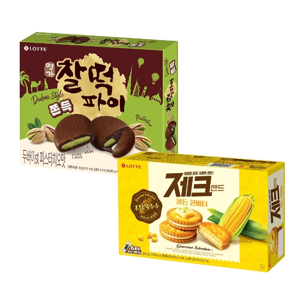 롯데웰푸드㈜ 두쫀쿠 찰떡파이 피스타치오맛 300g x1 + 제크샌드 골든콘버터 223g x1