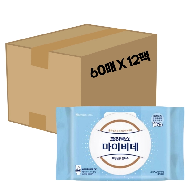 마이비데 물티슈 대용량 캡형 60매 x 12팩 클린케어 화장실용 비데용 물에녹는 비데티슈