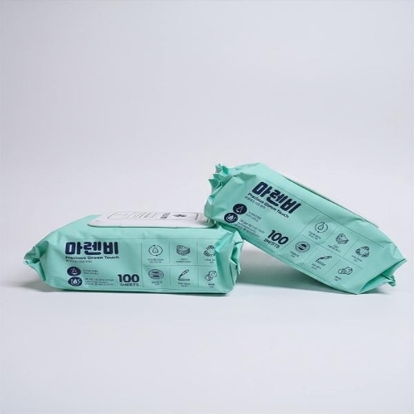마렌비 그린 물티슈 프리셔스 그린 터치 100매 20팩 55평량 고평량 엠보싱