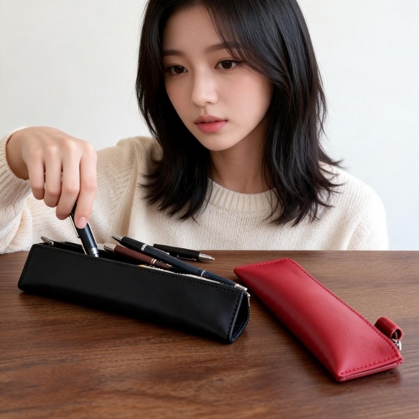 (색상 아이보리)가죽 펜케이스 필통 파우치 학생 직장인 필기구 문구 보관 케이스 정리함