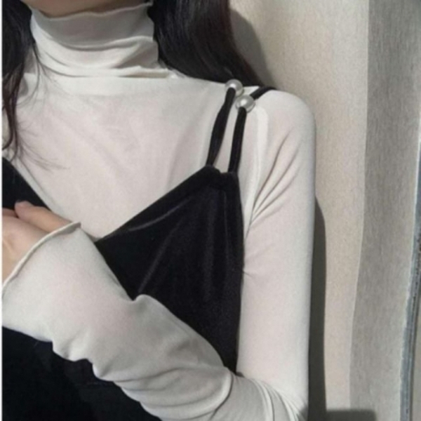 러블리 레이어드 시스루 블라우스 이너 폴라 긴팔 티셔츠
