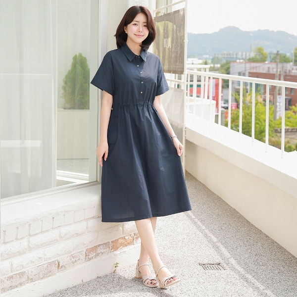 드리다 여성 여름 바스락 카라 반오픈 빅사이즈 반팔 원피스 빅사이즈