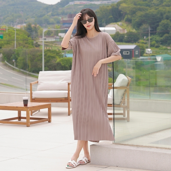 드리다 플리츠 링클프리 빅사이즈 맥시 롱 반팔 원피스 빅사이즈