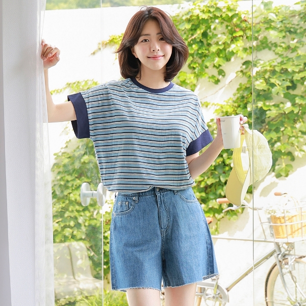 드리다 여성 여름 스트라이프 단가라 면 박스 반팔 티셔츠 빅사이즈