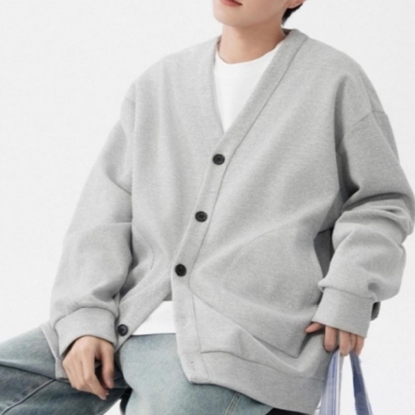 남성 가을 무지 단추 와플 브이넥 니트 스웨터 가디건