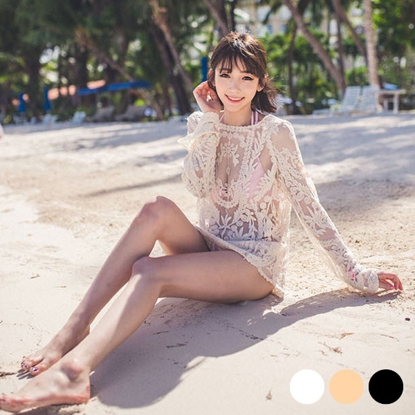 휴양지 휴가철 꽃무늬 패턴 그물 망사 커버업