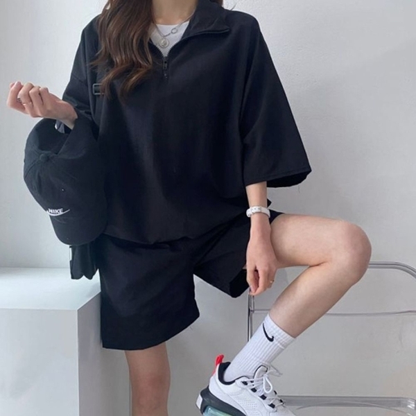 여성 반집업 티셔츠 반바지 세트 트레이닝복 셋업