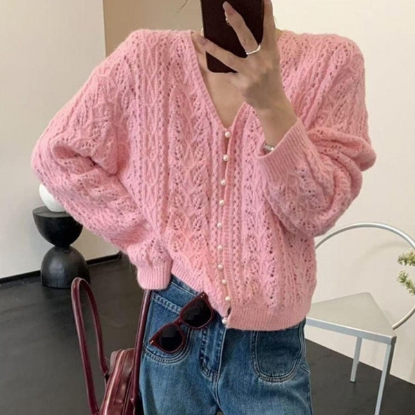 (색상 핑크)여성 긴팔 진주 단추 브이넥 예쁜 니트 가디건 핑크 여자 여성 긴팔 버튼 예쁜 가디건 가을 진