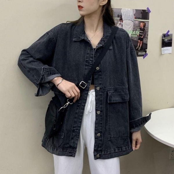 (색상 블랙)여성 데님 가을 간절기 루즈핏 청 자켓 블랙 여자 간절기 루즈핏자켓 아우터 봄자켓 재킷 여성 