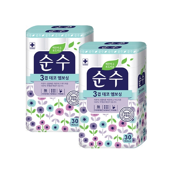 [순수] 무형광 3겹 데코 엠보싱 화장지 16m x 30롤 x 2팩