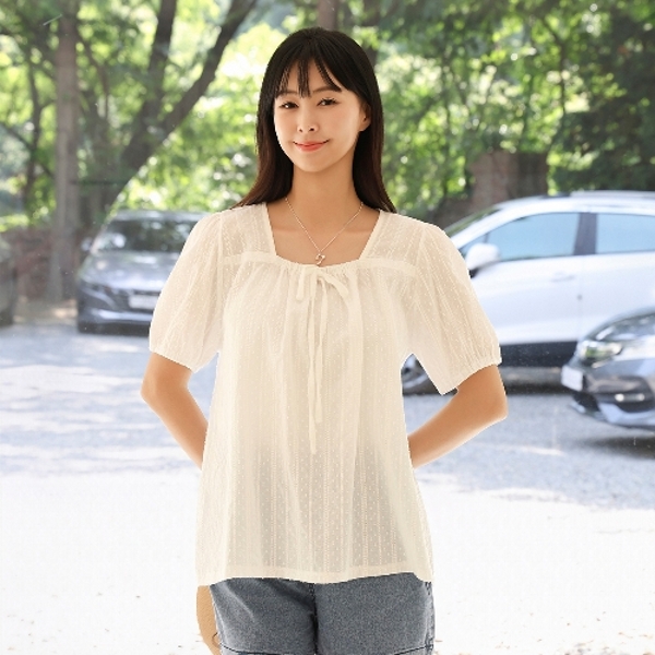 드리다 여름 스퀘어넥 레이스 펀칭 빅사이즈 반팔 블라우스 빅사이즈