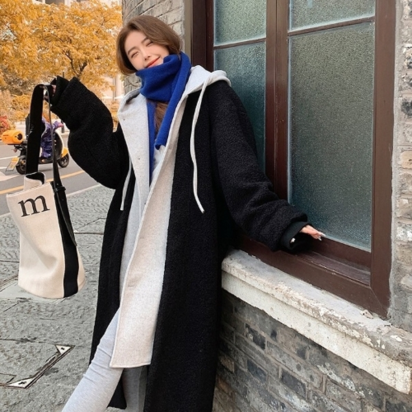 후드 레이어드 뽀글이 양털 오버핏 여성 롱코트