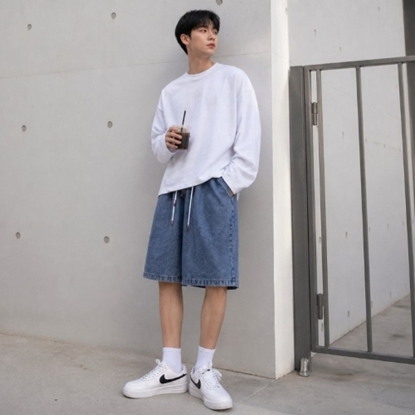 데님 남성 5부 반바지 학생 하프 팬츠 캐주얼 룩 트레이닝 복장