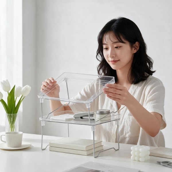 (색상 투명)책상 소품 정리대 접이식 수납 선반 사무실 교실 공부방 데스크테리어 정리함