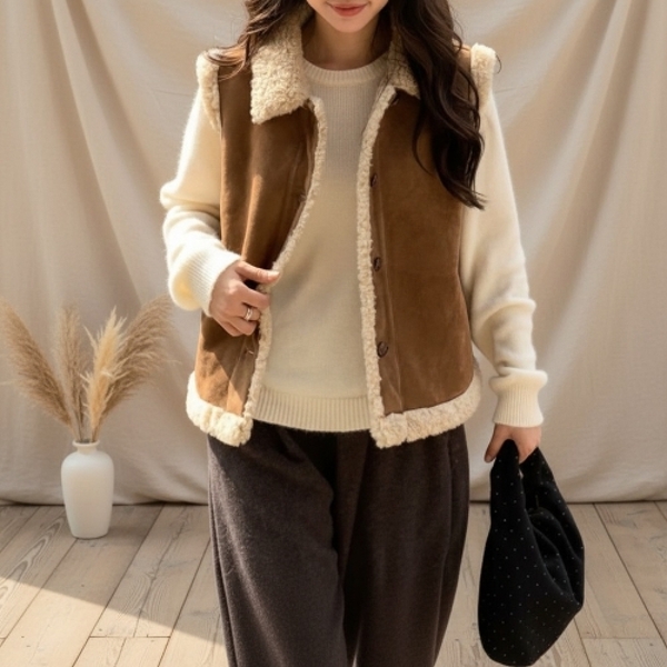 [다잇템] 여성 양털 겨울용 포근한 무스탕 클래식 카라 조끼